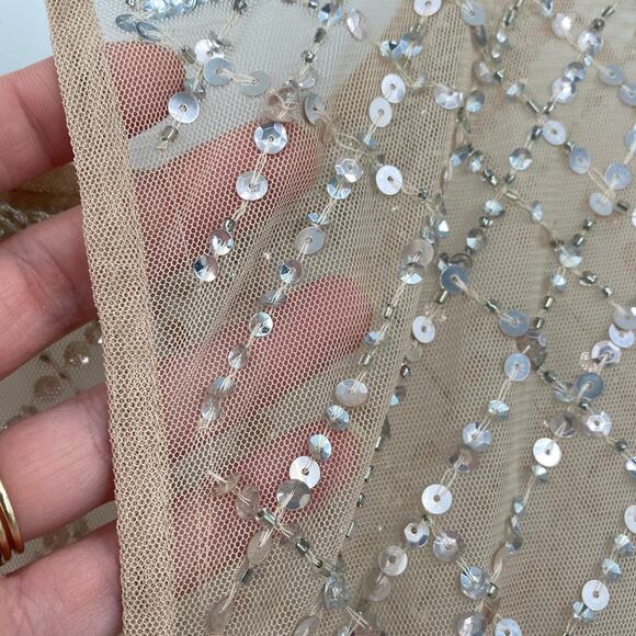 Adrianna Papell Gown Beaded Mesh Diamond Pattern Short Sleeve Champagne 6 Petite - Picture 10 of 16